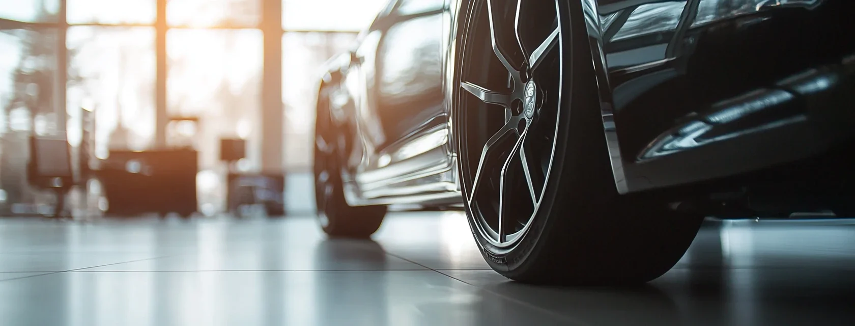 A car wheel close-up in a modern showroom